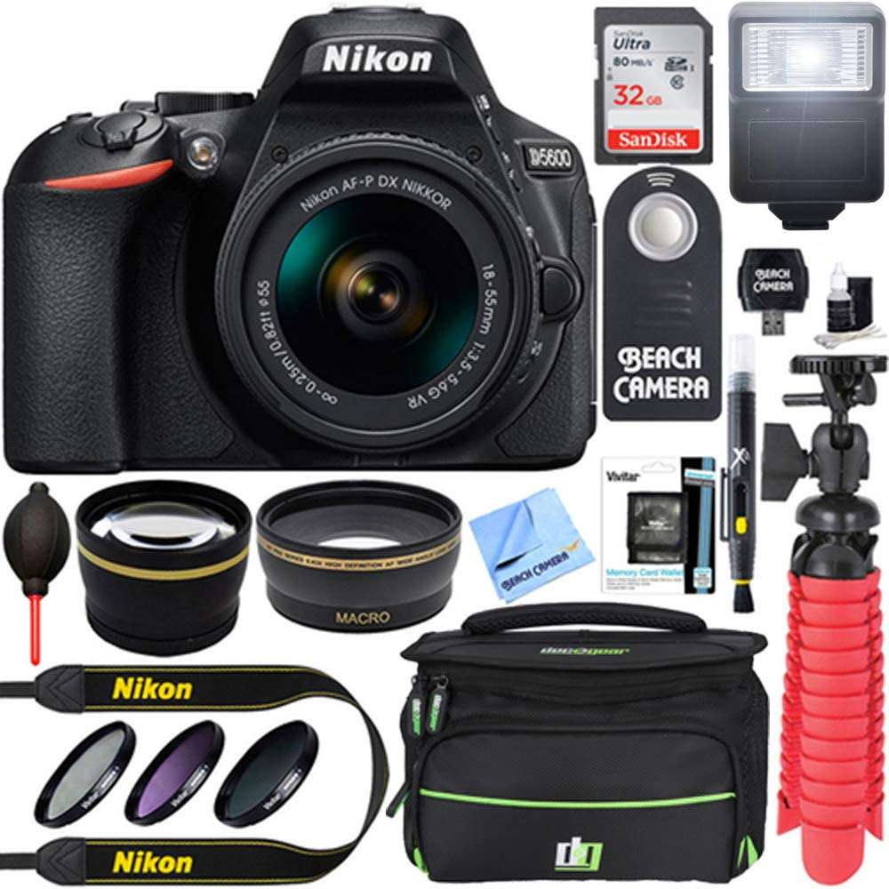 Nikon D5600 24.2MP DX-Format Digital SLR Camera with AF-P 18-55mm f/3.5-5.6G VR Lens Kit Bundle with 32GB Memory Card, Bag, Flash, Filter Kit and Accessories (11 Items) 1