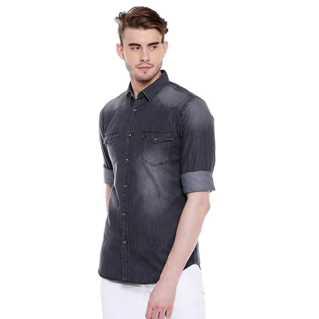 Dennis Lingo Men's Denim Grey Slim Fit Casual Shirt (C501_Grey_XL) 4