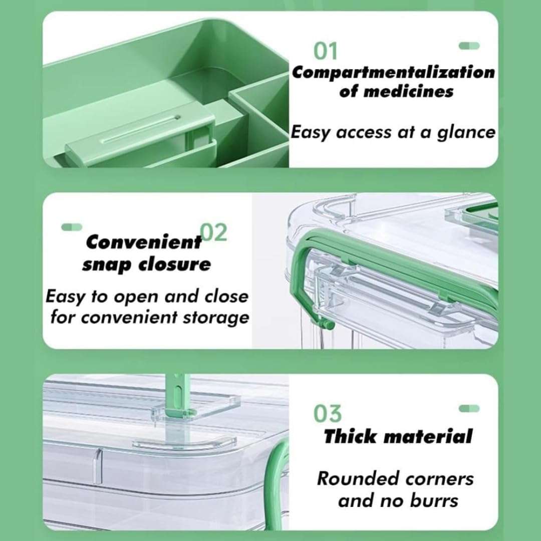 HoopVool® Clear Plastic Medicine Storage Box Organizer, Family Emergency Kit with Removable Pill Case Portable Lockable Container for, Art Craft and Cosmetic Household Organizer (Green, Small) 5