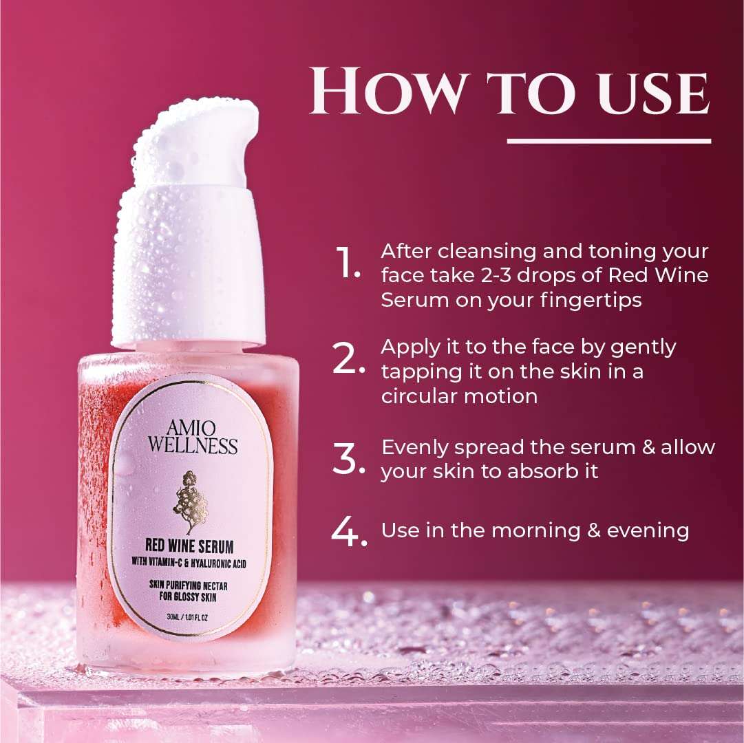 Amio Wellness Red Wine Serum For Face With Vitamin C and Hyaluronic Acid | Vitamin C Face Serum for Men and Women | Paraben & SLS free | Glowing skin & Reducing Blemishes, excess oil and Acne | Pack of 30ml 6