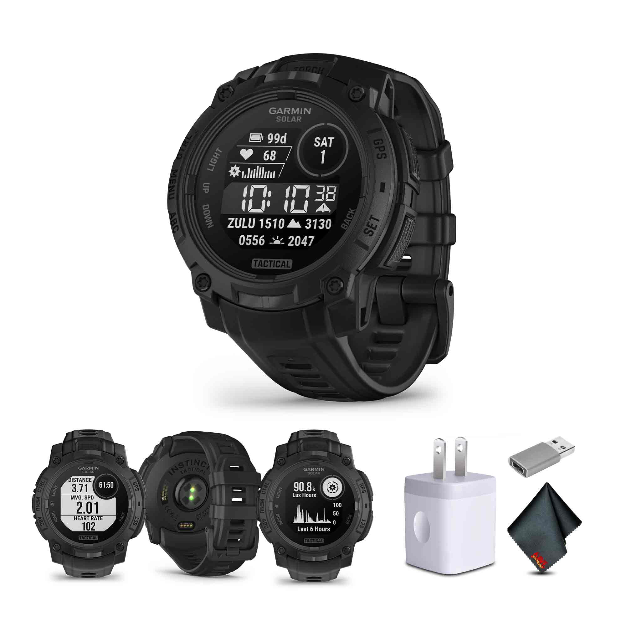 Garmin Instinct 3 Tactical Edition, Solar Charged 45mm Display, Outdoor Rugged GPS Smartwatch Bundle with USB Wall Charger + Microfiber Cleaning Cloth 1