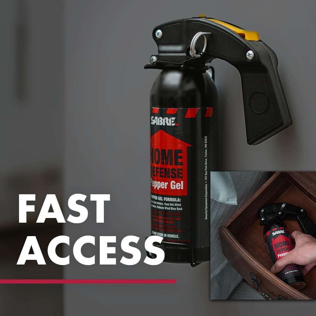 SABRE Red Home Defense Pepper Gel With Wall Mount For Easy Access, Max Strength OC Spray, UV Marking Dye Helps Identify Suspects, Full Hand Grip For More Accurate Aim, Secure Pin Safety, 32 Bursts 5
