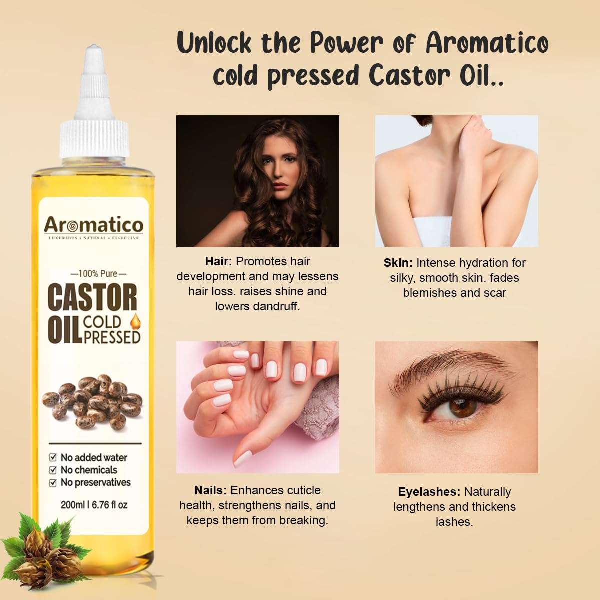 AROMATICO 100% Pure Cold-Pressed Castor Oil - 200ml. Promotes hair growth & hair health. Moisturizes Skin, Helps Reduce Wrinkles. Virgin Grade. For All Hair & Skin Types. 6