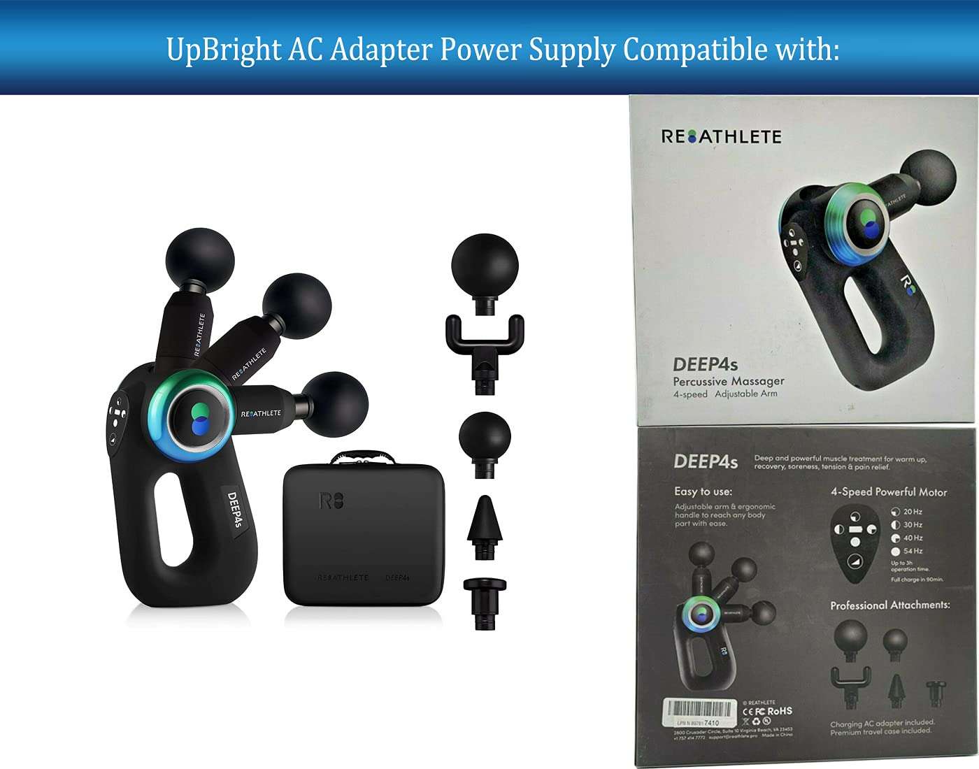 UpBright AC/DC Adapter Compatible with REATHLETE DEEP4S PRO Percussive Massager Therapy Deep Tissue Device Percussion Massage Gun DEEP4s-U-A DEEP4s-U-B DEEP4s-U-C ZESO Power Supply Battery Charger PSU 2
