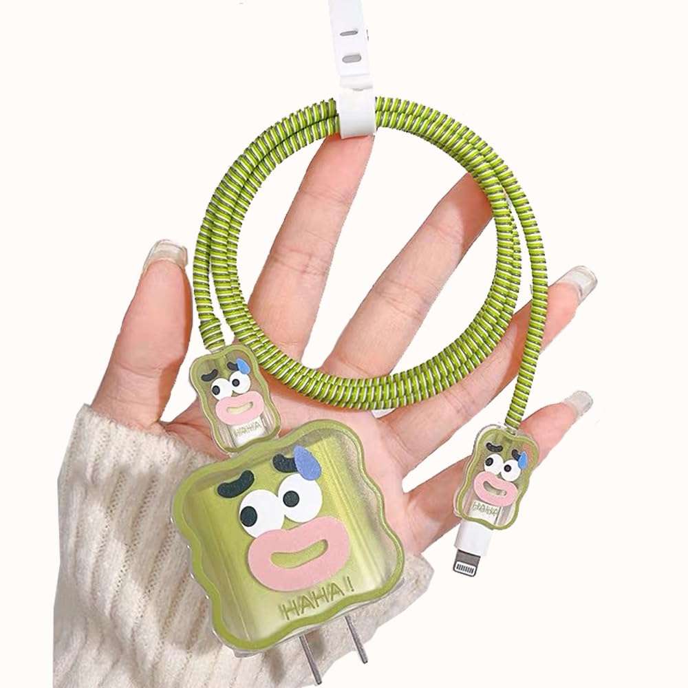LALAPOPO Cute Wave Cable Protector Compatible for iPhone Charger Adapter with Green Funny Face Design,Data Line USB Cover Wire Cord Saver Lightning Cable Case for iPhone Charger
