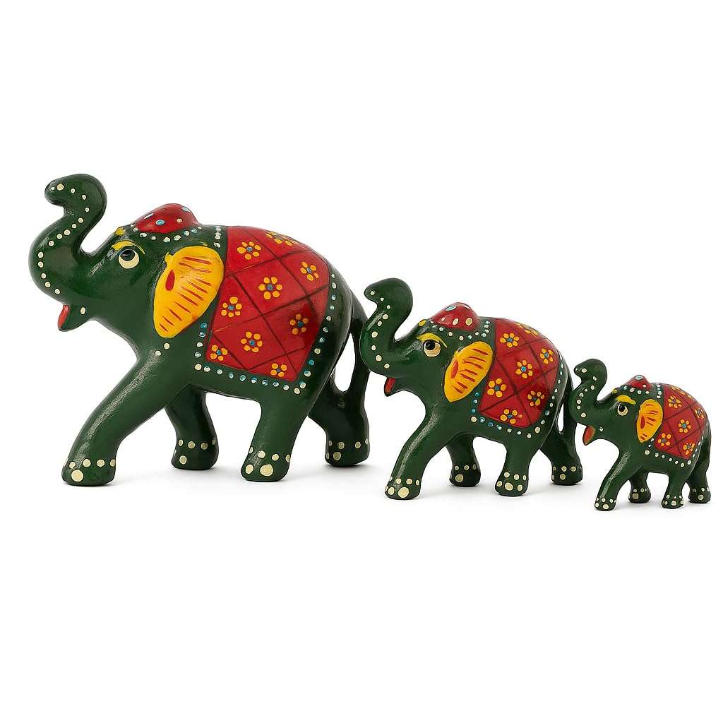 DreamKraft Paper Mache Elephant Showpiece, Standard, Green, 3 Piece, Home Decor, Cultural, Traditional, Festive 1