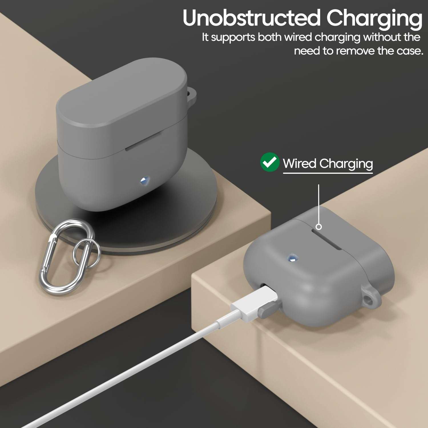 Sounce Silicone Case Cover for Boat Airdopes 91 Prime, Soft Protective Shockproof Shell with Anti-Loss Keychain Clip, Dustproof and Scratch-Resistant Design, Secure Fit with Protection – Grey 3