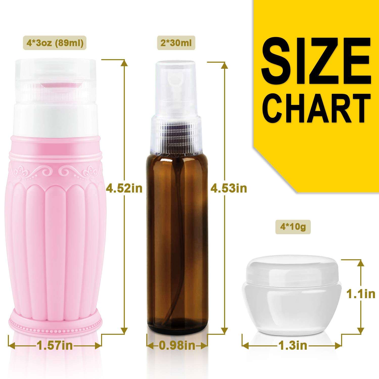 Travel Bottles Toiletry Containers Set: 10PCS TSA Approved Traveling Size Bottle and Shampoo Container Kit, 4PCS 3 OZ Squeeze Silicone Bottle for Toiletries 4PCS Scream Jar 2PCS Spray Bottle Men Wome 6