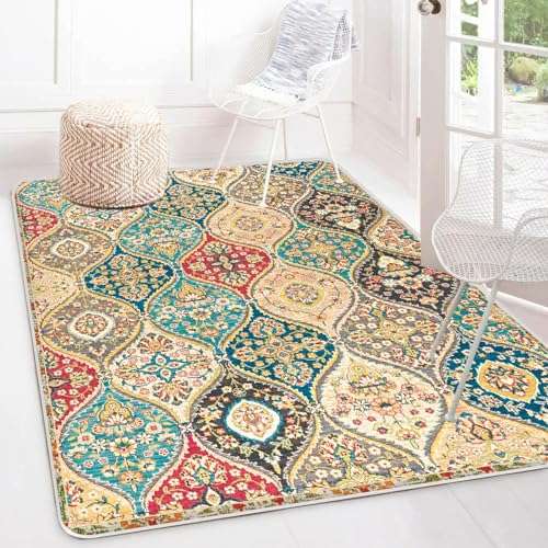 GiuMsi 4' x 6' Moroccan Trellis Area Rugs, Soft and Wrinkle-Free Washable Rug with Non-Slip Backing for Living Room, Bedroom, Office,Hallway, Kitchen Entryway-(Cream/Multi 4x6ft) 1