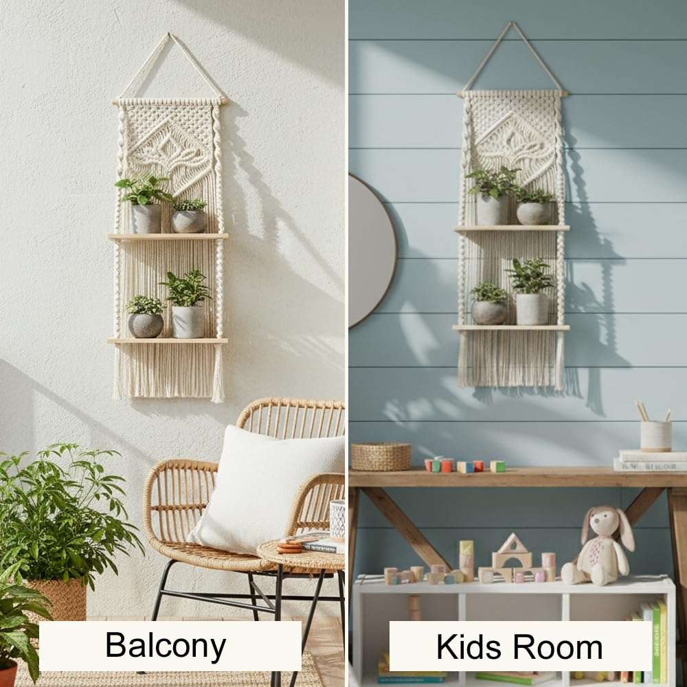 Decazone Macrame Indoor Wall Hanging Shelf Chic Decor Wood Floating Boho Shelves with Wooden Dowel Hand Woven Bohemian Decor for Apartment Dorm Bedroom Living Room Nursery Beige (2 Tier) 6