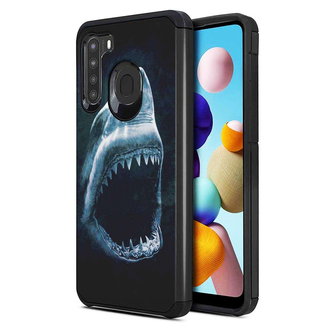 Moriko Case Compatible with Galaxy A21 [Heavy Duty Dual Layer Men Women Girly Cute Design Shockproof Black Case Hard Phone Cover] for Samsung Galaxy A21 SM-A215U (Shark) 1