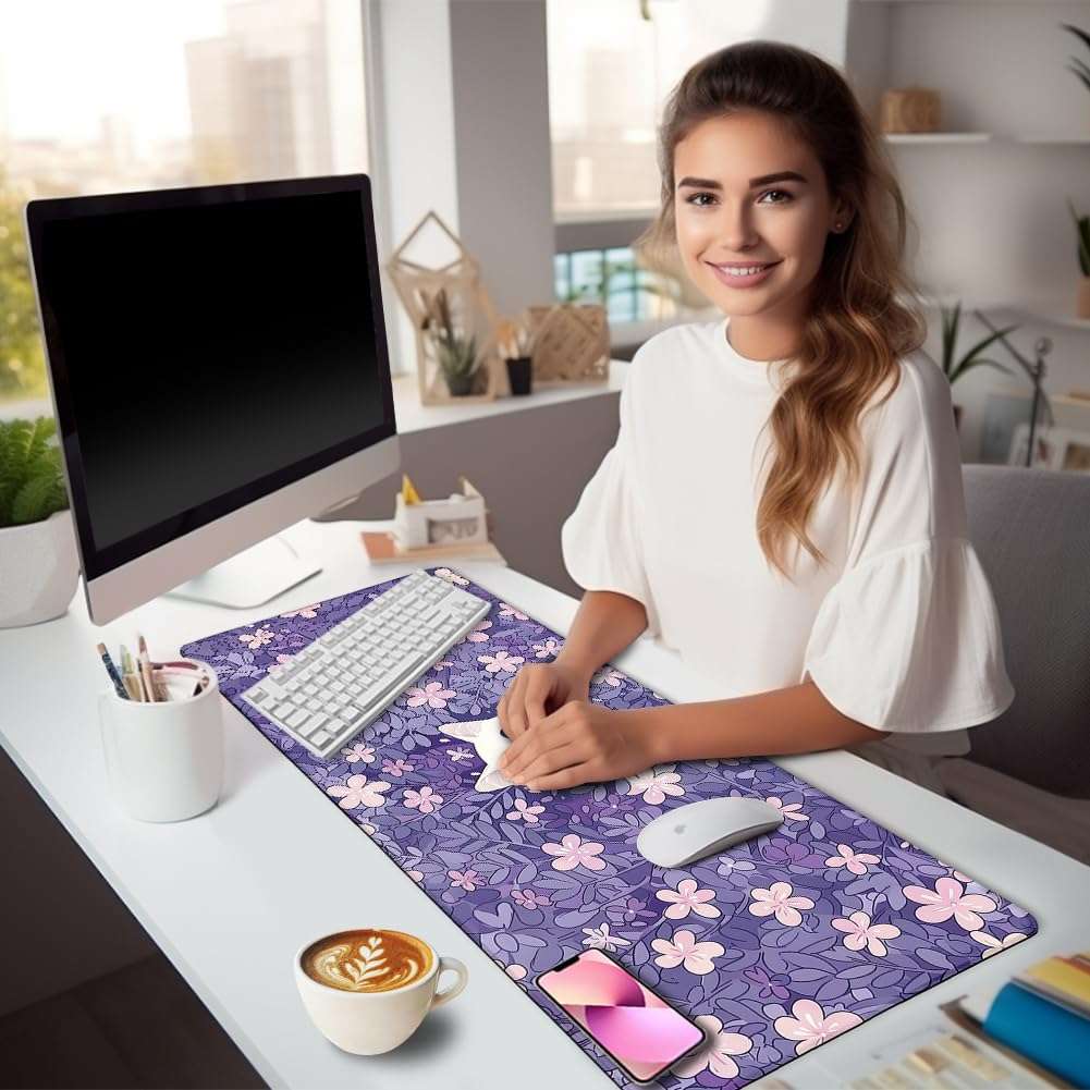 LIMKRIAN Cat Purple Mouse Pad Large Desk Mat, Kawaii Purple Computer Mousepad with Stitched Edges Non-Slip, Keyboard Mouse Pad for Desktop Cute Office Supplies Desk Decor Accessories 31.5x11.8 in 3