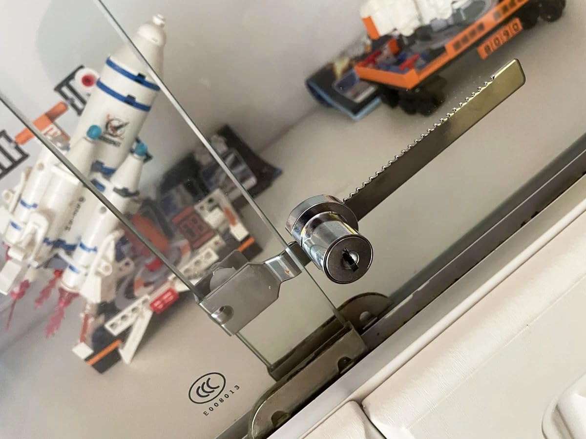 XIEHE 318 Sliding Window Locks, Closet Locks for Sliding Glass Doors with 2 Keys, Display Cabinet Showcase Lock with Chrome Finish, No Drill Burglar Bars for Sliding Doors (2 Pack, Keyed Different) 5