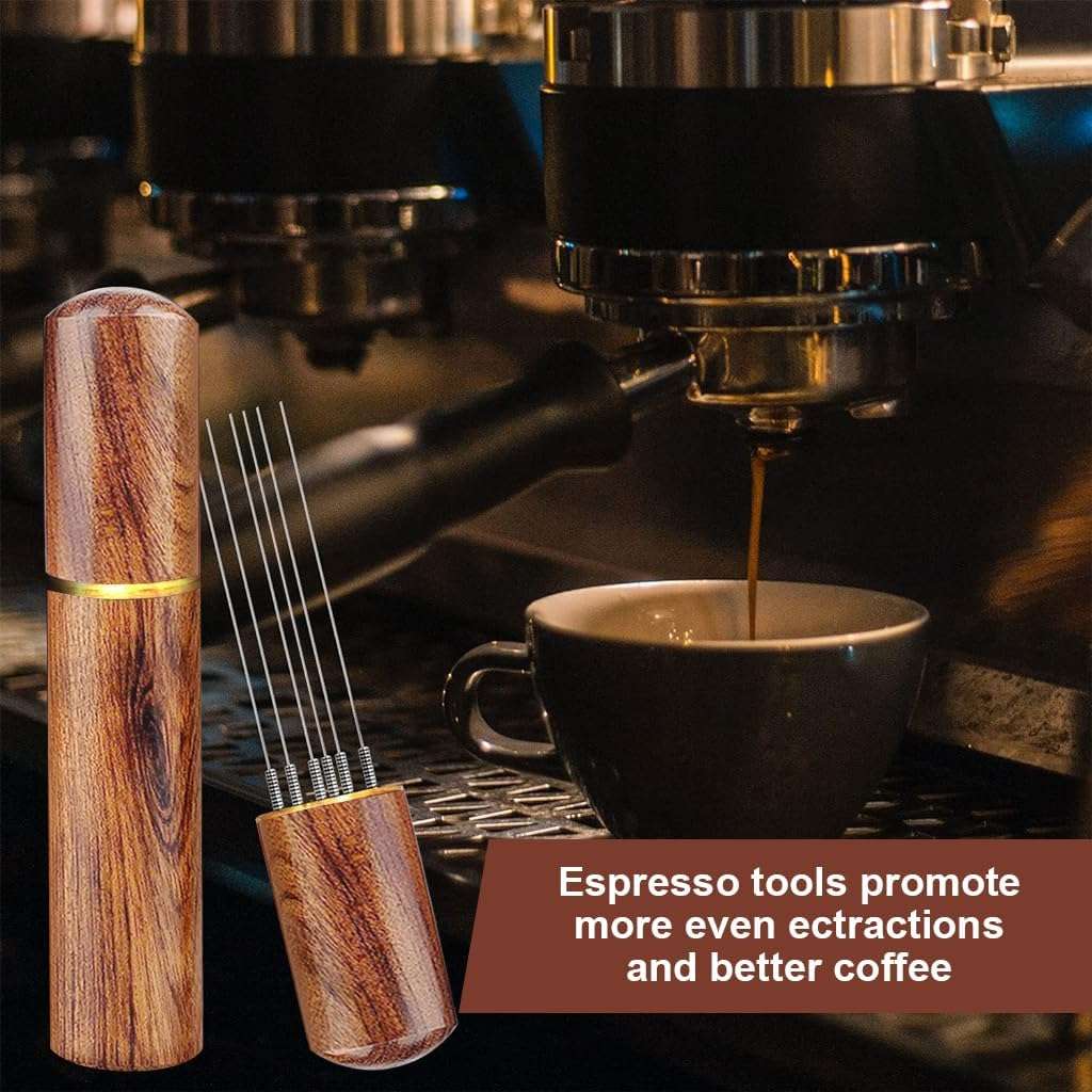 ALIBLE Espressos Coffee Stirrer Pin Tamper 6 Needles Ground Coffee Stirrer 0.4mm Fine Pin Tamper for Espresso Coffee Making Natural Wooden Handle Pin Coffee Tamper 3