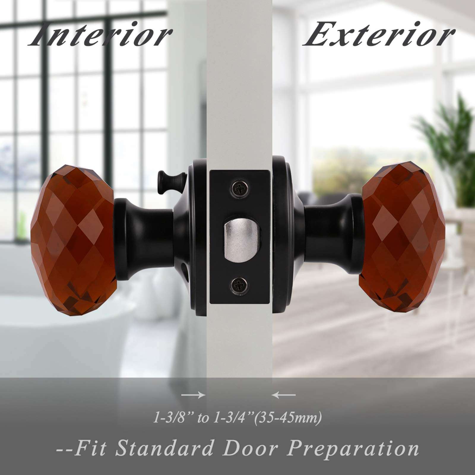 Probrico Privacy Door Knob with Lock for Bedroom and Bathroom 1 Pack, Keyless Crystal Door Knobs Interior, Heavy Duty Glass Door Knobs with Black Round Rosette 5