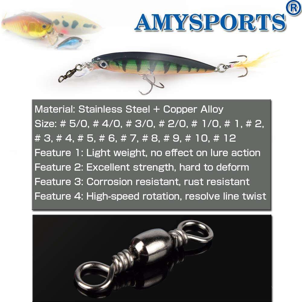 AMYSPORTS High Strength Fishing Swivels Barrel Solid Ring Barrel Fishing Swivel Rolling Fishing Tackle Line Connector Saltwater Freshwater Stainless Steel Accessories 100pcs 40lbs 3