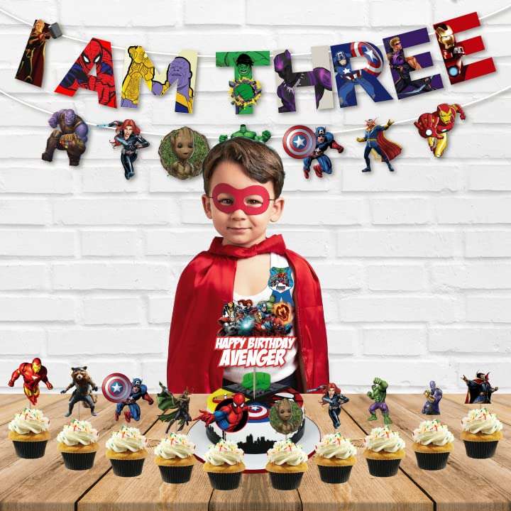Festiko® 12 Pcs I Am Three Birthday Banner, Cake & Cupcake Toppers, I Am Three Combo, Superhero Combo Supplies, Superhero Theme Party Decorations 4