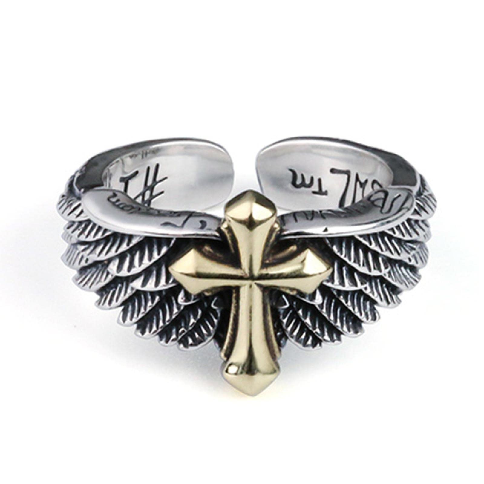 DELURA Sterling Silver Angel Cross Rings, Adjustable Rings for Men and Women