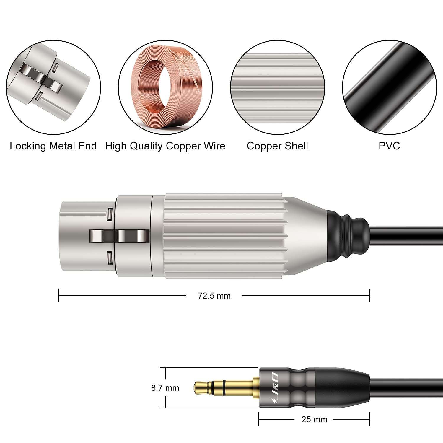 J&D XLR to 3.5mm Microphone Cable, PVC Shelled XLR Female to 3.5mm 1/8 inch TRS Male Balanced Cable - 9 Feet for DSLR Camera, Computer Sound Card 2