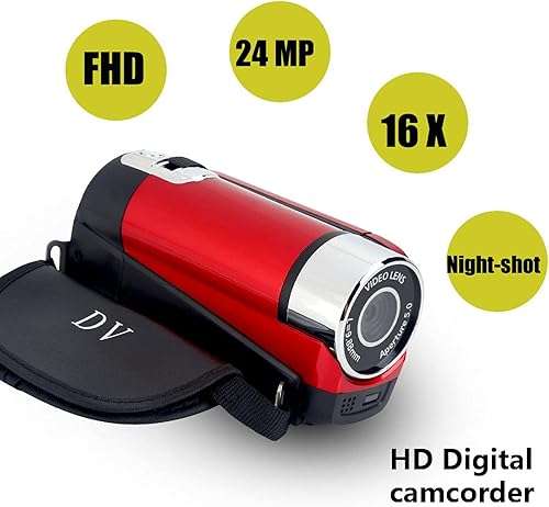 Digital Camcorder Video Camera 1080P 16MP Full HD 270░ Rotation Wide Angle Vlogging Camera Recorder 3.0 Inch IPS Screen 16X Zoom Camcorders Built-in NP5C Lithium Battery Support 32GB SD Card(Red-US) 2