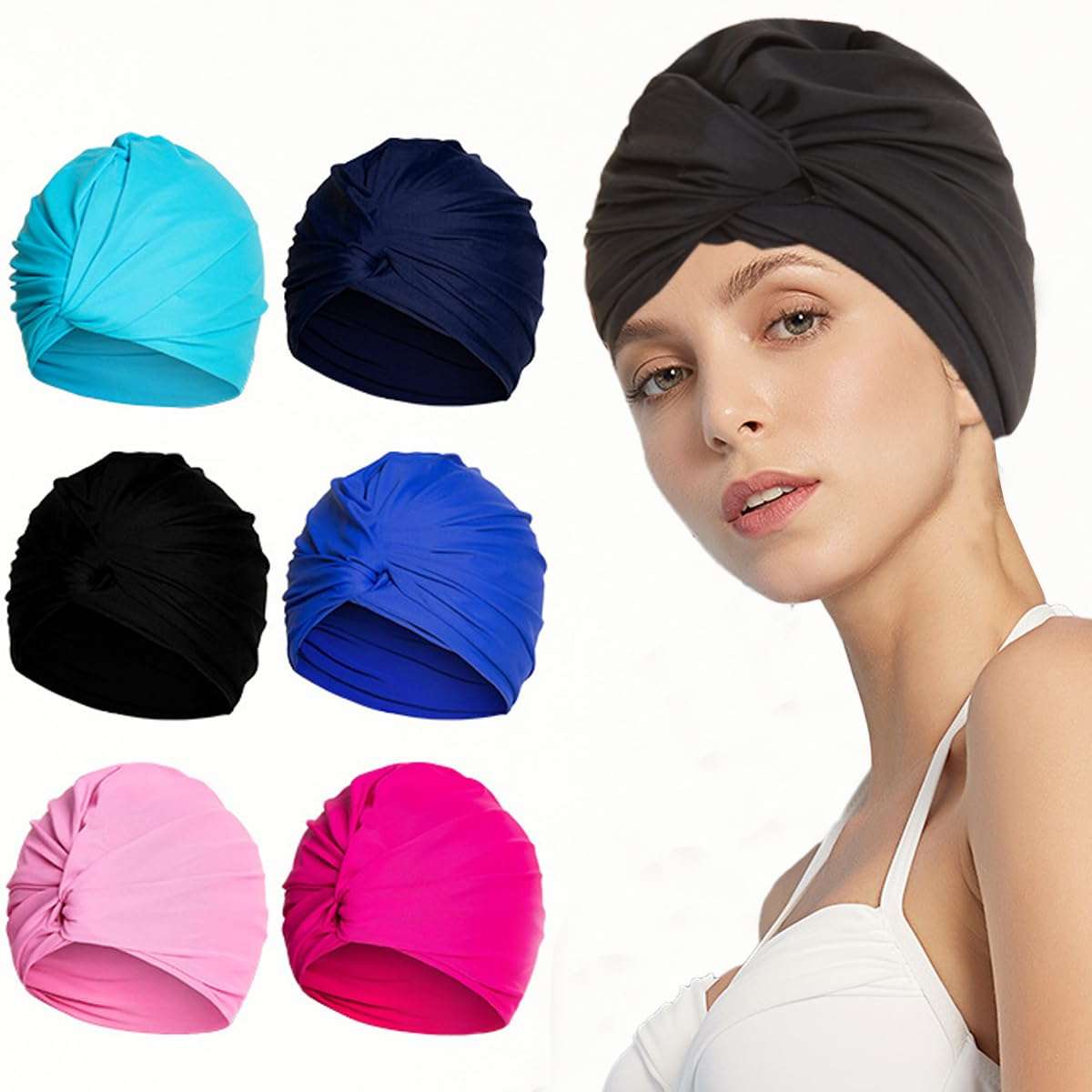 Ewanda store Colorful Pleated Extra Large Nylon Cloth Swim Cap for Women Swimming,Swimming Cap Comfort Hot Spring Bathing Caps for Adult Men Women Long Hair,Dark Blue 4