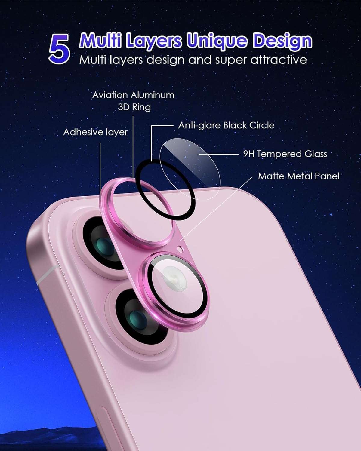 TECH KONNECT Camera Lens Protector for iPhone, 16/16 Plus, Camera Protector with Metal Alloy Ring for iPhone 16/16 Plus (Anti-Scratch)(Pack of 1) (Pink) 3