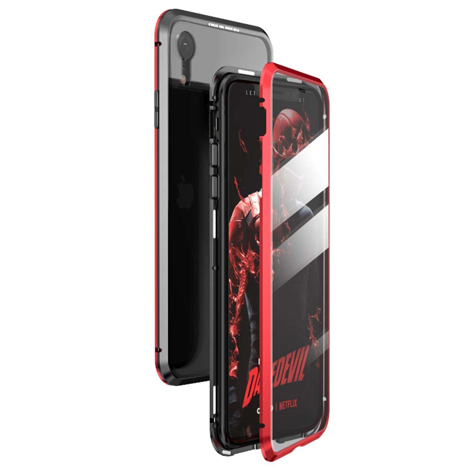 FHZXHY Privacy Glass iPhone XR Case All-Inclusive Clear Double Sided Tempered Glass Magnet Absorption Metal Bumper Frame Protective Case for iPhone XR red 1