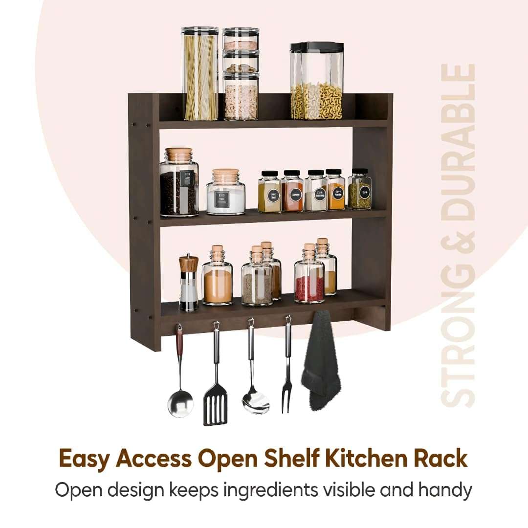 Shoper cart Modern Kitchen Wall Shelf with Hooks, 3-Tier White and Beech Wood Storage Rack, 55 x 50 cm, Utensil Organizer with Spice Jar Display (Brown) 5