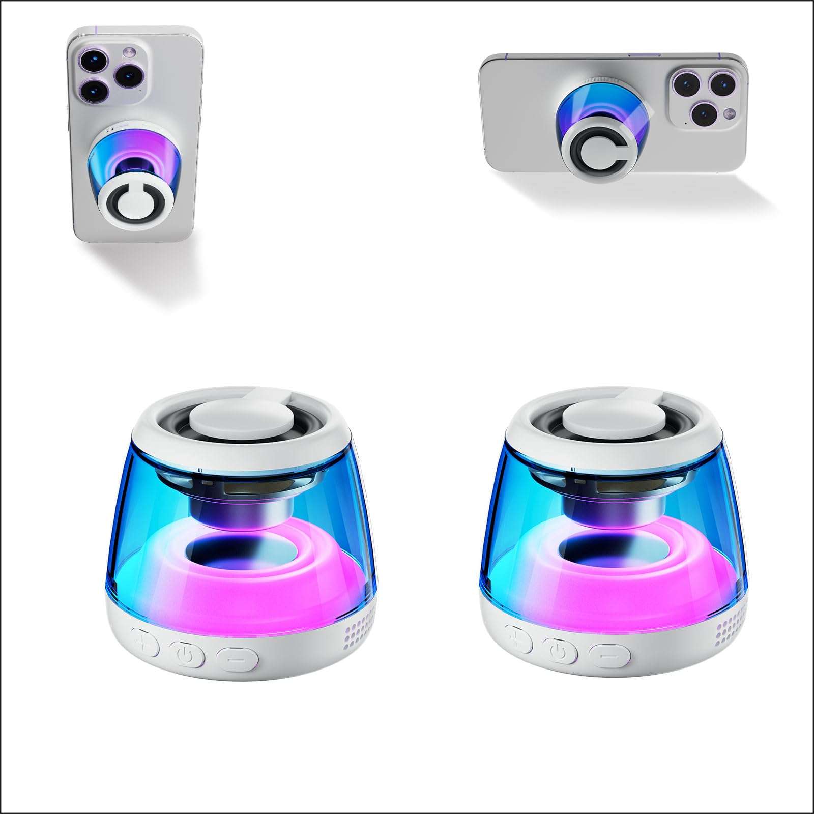 aipidmaga Two Magnetic Bluetooth Speaker,Wireless Induction Bluetooth Speaker,Mini Portable Cell Phone Stand for iPhone, Lanyard & RGB Night Light,or Home,Outdoors,Pool,Birthday Gift 1