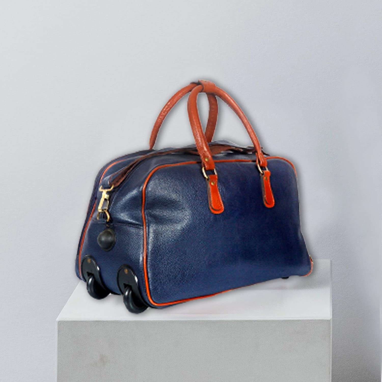 GATUDI ART CRAFT 100% Pure Leather Traveling bag Overnighte Suitcaser Weekend Trip Cabin Luggage Bag for Men & Women (Blue & Brown) Waterproof Strolley Trolley Bags Lightweight 5