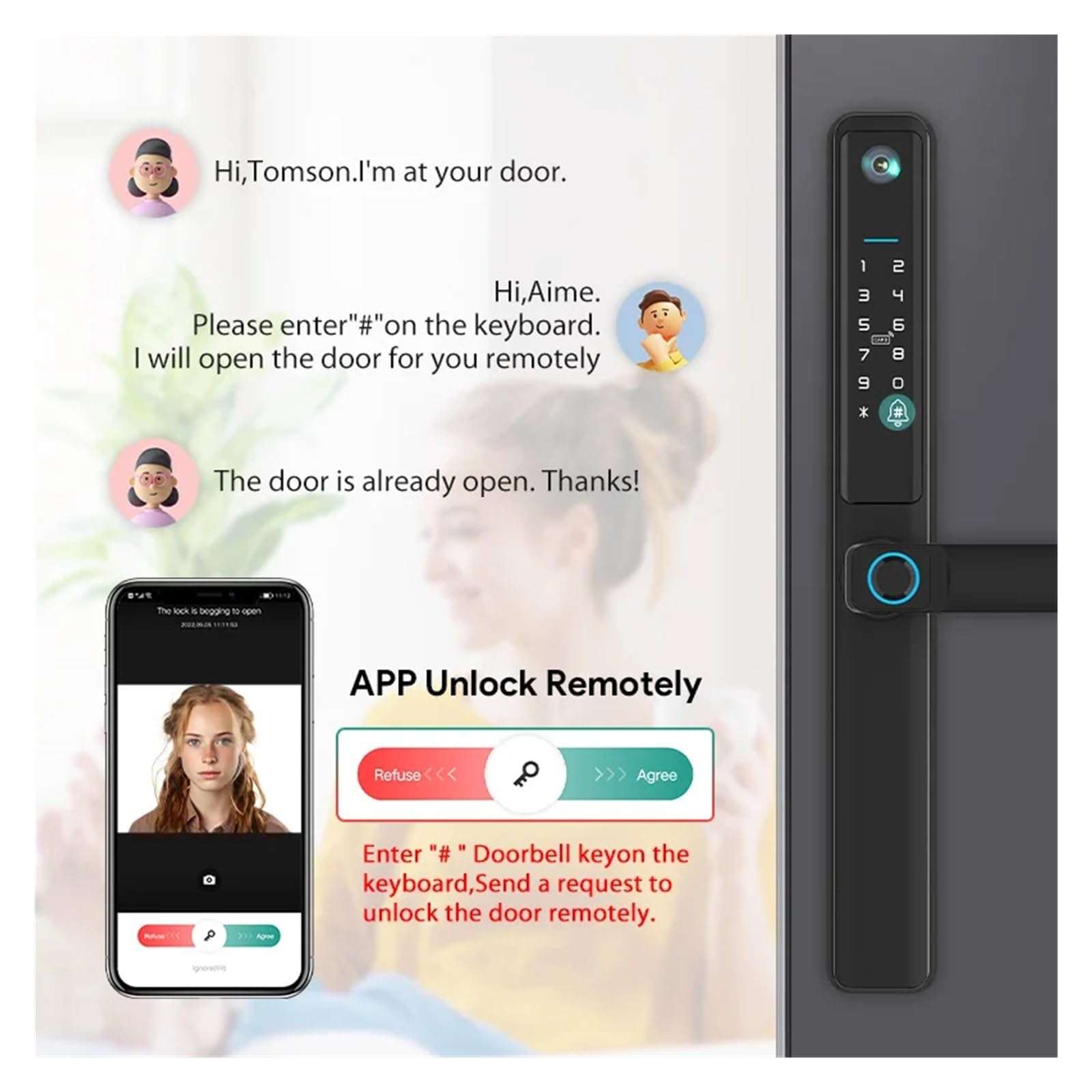 KIEEQGAK Tuya WiFi Slim Smart Lock，with Camera for Sliding Glass Aluminum Door，Waterproof Biometric Fingerprint Electronic Glass Locks(Black 3585 Hook) 5