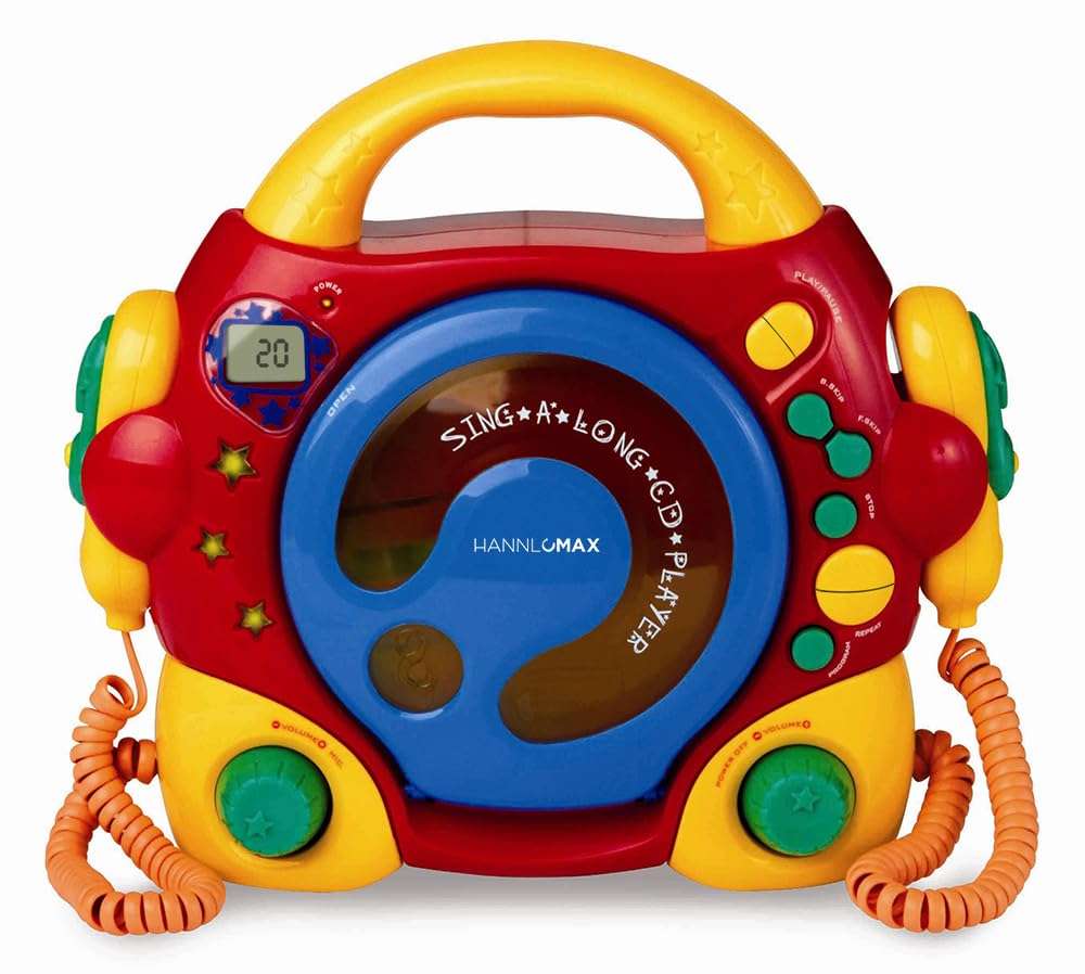 HANNLOMAX HX-335CD CD/MP3 Player with Dual Sing-A-Long Mic, USB Port for MP3 Playback, LED Display, Headphone Jack. (Red/Yellow) 1