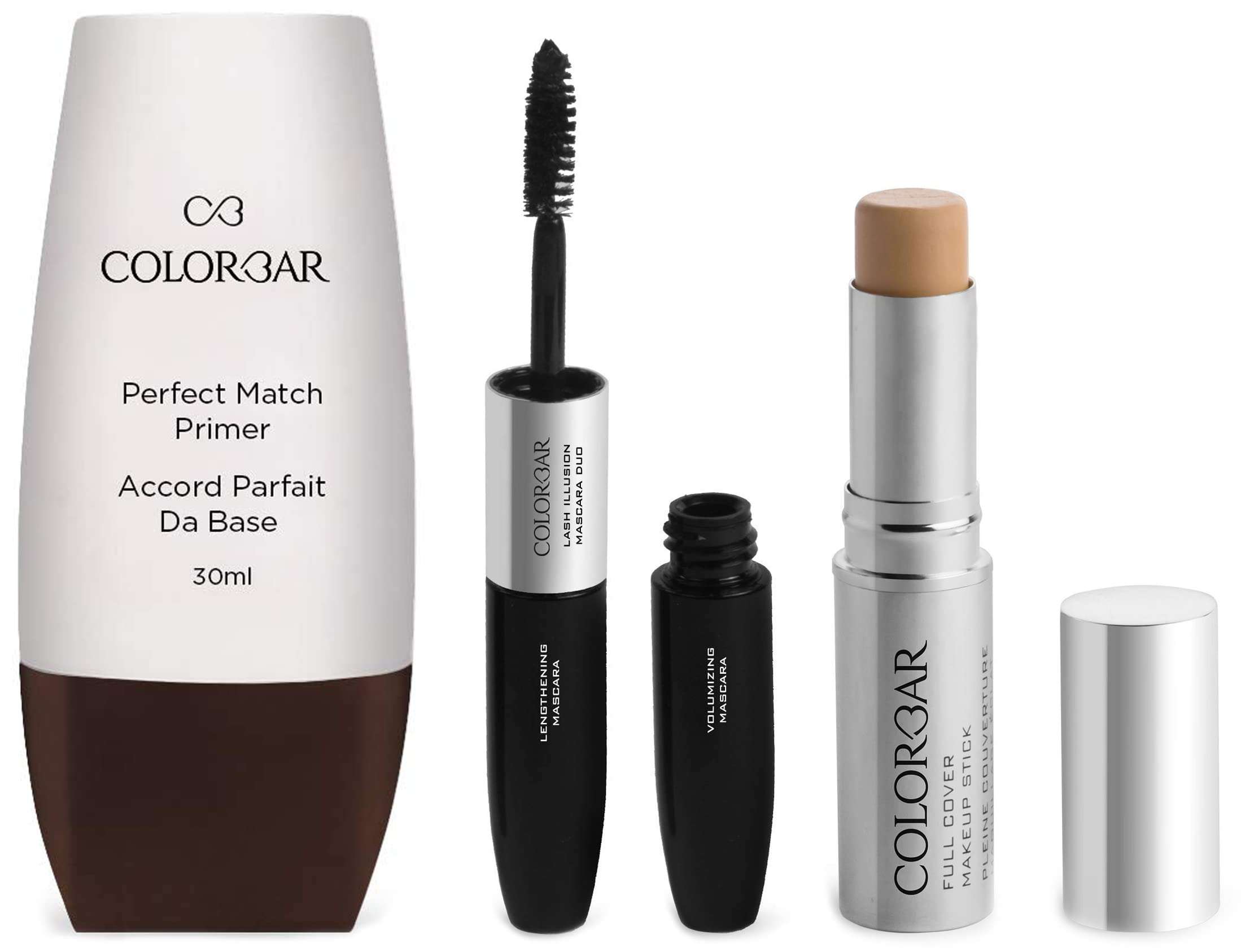 Colorbar New Perfect Match Primer, 30ml & Colorbar Full Cover Make Up Stick, SPF 30, Fresh Ivory, 9g & Colorbar Duo Mascara, Carbon Black, 4ml 1