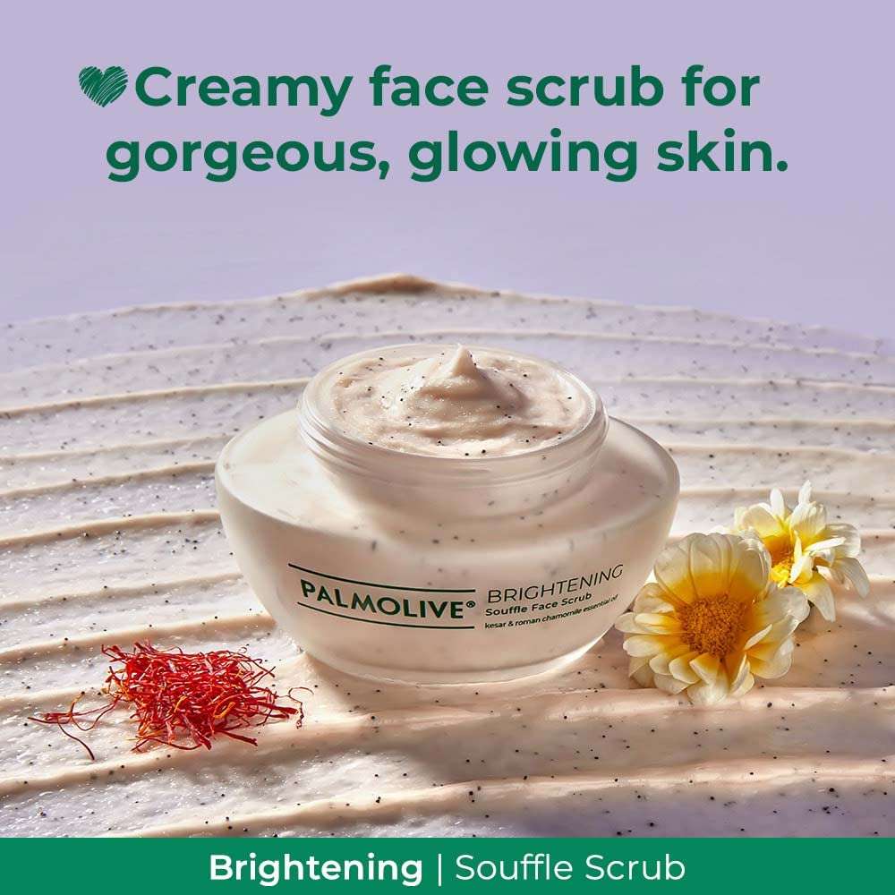 Palmolive Brightening Face Care Combo - Gel Face Wash and Souffle Face Scrub, with Kesar and Roman Chamomile Essential Oil, Suits All Skin Types, Combo Pack (100ml + 100ml) 3