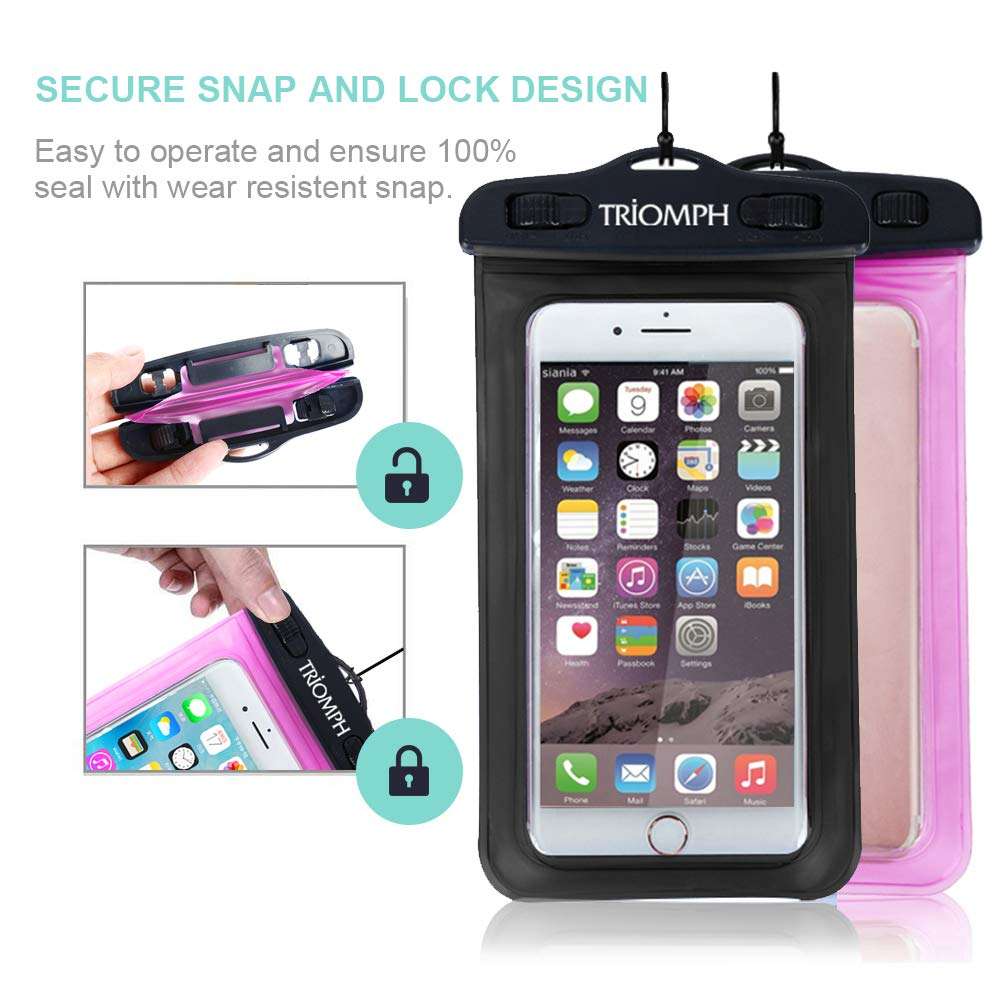 Triomph Universal Waterproof Phone Pouch, IPX8 Waterproof Cell Phone Case Dry bag with Military Class Lanyard for iPhone Xs Max/Xr/X/8/8Plus/7/7Plus/6/6s Plus, Samsung Galaxy S10 S9+,Note,6.5'' 2 Pack 6