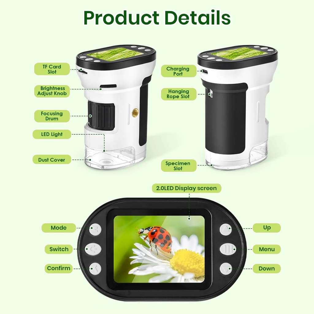TECPHILE Microscope for Kids Students with Stand Handheld Mini Portable 200-1000X Magnification Digital Microscope Kit 1080P, 2.0" LCD Screen Rechargeable Pocket Microscope, Photo & Video Recording 5