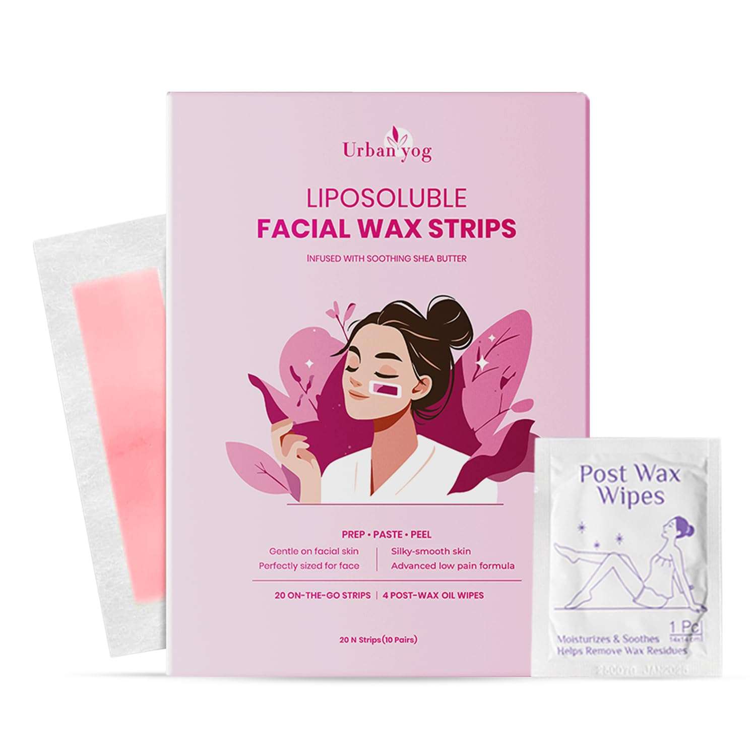 Urban Yog Small Liposoluble Facial Wax Strips for Women - 20 Wax Strips + 4 Post-Wax Wipes | Gentle Facial Hair Removal Face Wax Strip for Upper Lip, Eyebrows, Chin, Sidelocks