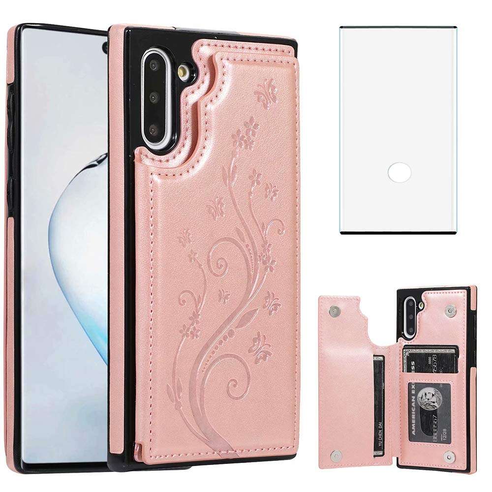 Phone Case for Samsung Galaxy Note 10 with Tempered Glass Screen Protector Card Holder Wallet Cover Flip Leather Cell Accessories Glaxay Note10 5G Gaxaly Notes 10s Ten Not S10 Cases Women Rose Gold 1