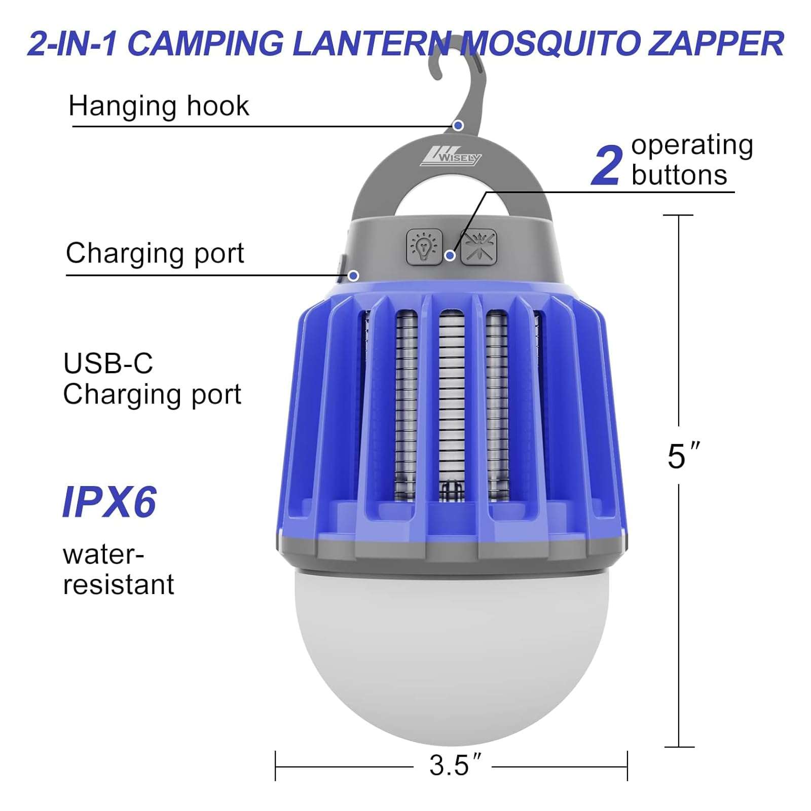 Wisely Bug Zapper Outdoor/Indoor Electric, USB-C Rechargeable Mosquito Killer Lantern Lamp, Portable Insect Electronic Zapper Indoor Trap, with LED Light 2PK 3