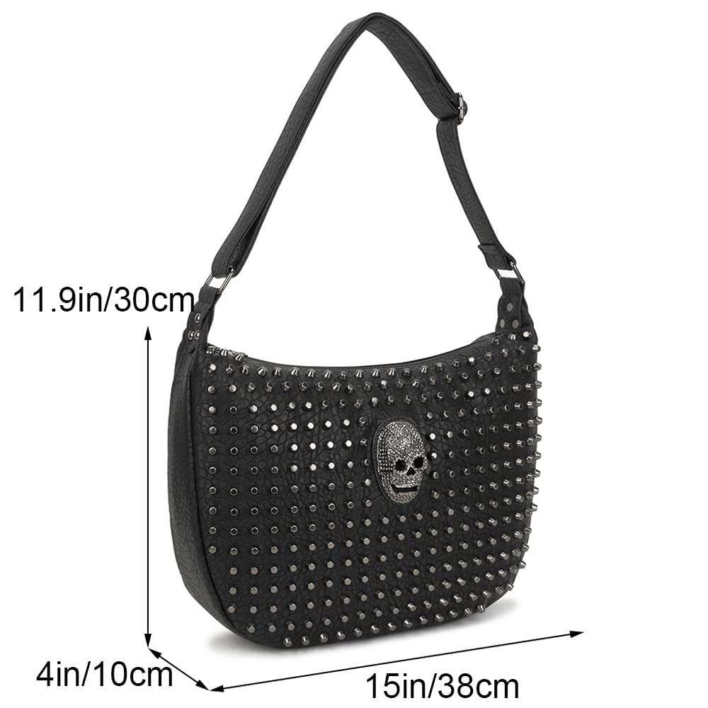 Vintage Handbags for Women Leather Hobo Bags Skull Rivet Purse Shoulder Bag Satchel Messenger Bag Crossbody Bag-Black 3