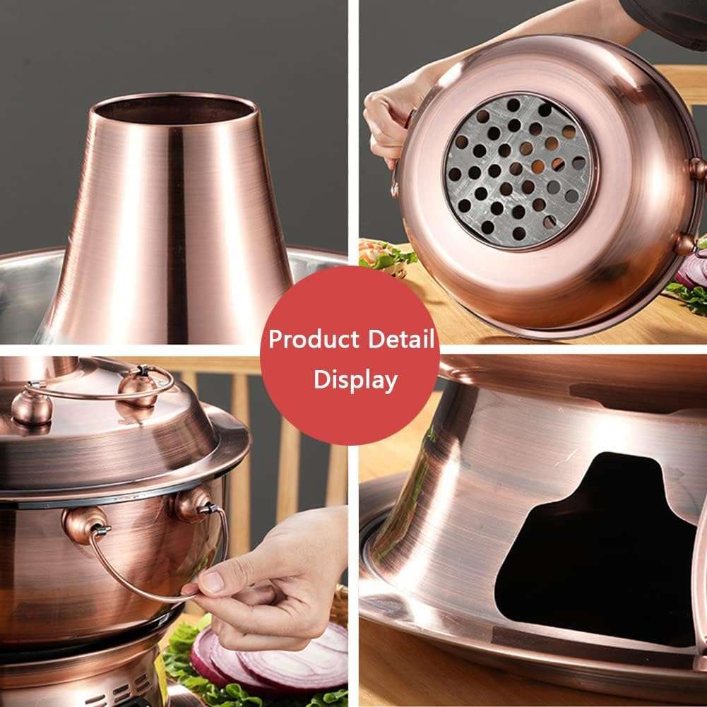 Traditional Chinese Copper Hot Pot, Vintage Copper Shabu Hot Pot Pan, Food Grade Stainless Steel Charcoal Shabu Hotpot Cooker Chinese Traditional Stew Pot Soup Pot Cookware(Rose,36cm) 4