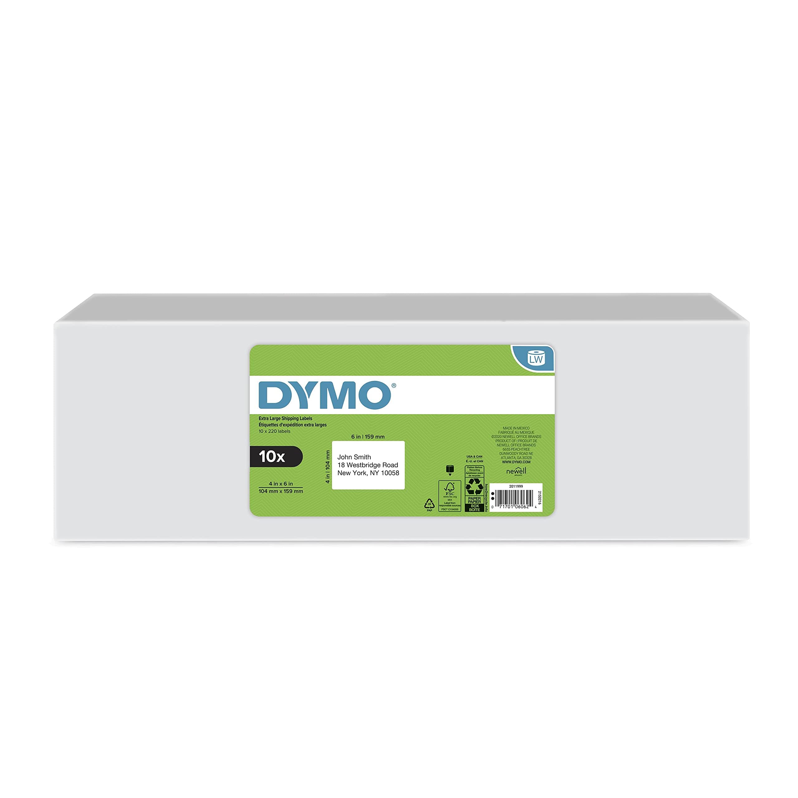 DYMO Authentic LW Extra-Large Shipping Labels for LabelWriter Label Printers, White, 4" x 6", 10 Rolls of 220 (2200 Total) 1
