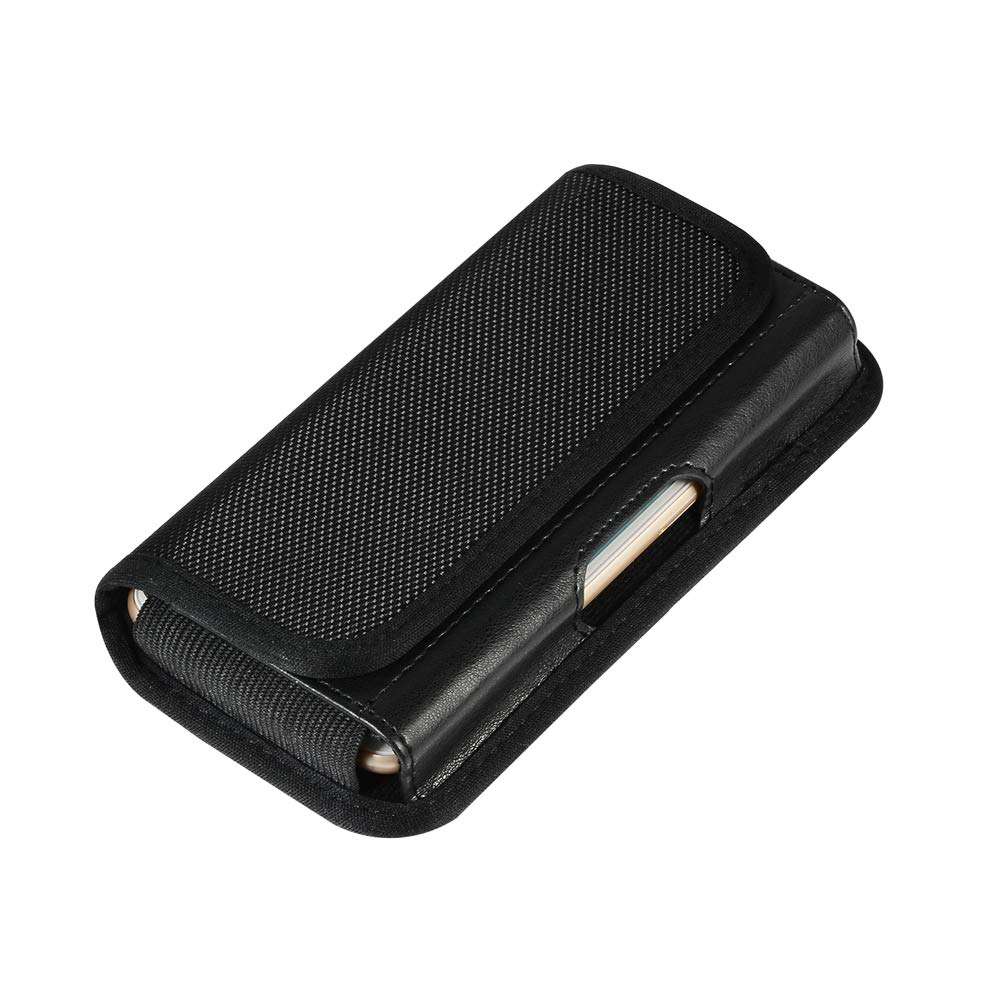 Black Nylon and PU Leather Cell Phone Belt Holster Pouch Case Card Holder for Samsung Galaxy A15 A25 A35 A55 A54 S24 Plus S23 FE S22 Plus S21 S20 FE, iPhone 16 Plus 15 Pro Max, Google Pixel 8a 7a 6a 6 1