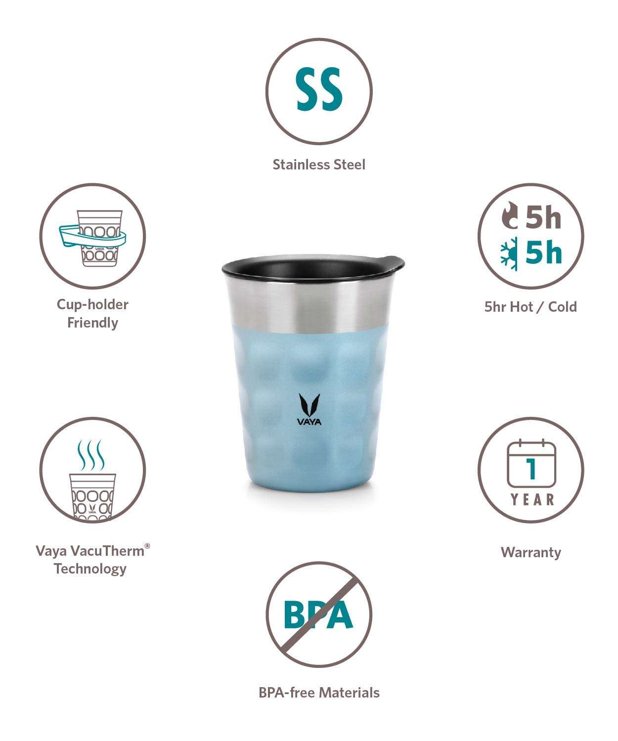 VAYA POPCUP Insulated Coffee Mug with Lid 250ml, Stainless Steel Hot & Cold Coffee, Water and Teacup,Double-Walled Insulated Tumbler, Keeps Beverages Hot & Cold for 5 Hrs,Blue 4