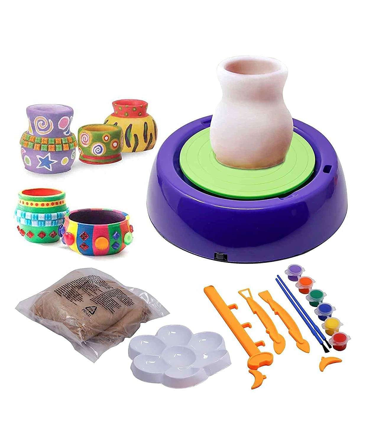 Stark Enterprise Art Pottery Wheel Clay Pot Battery Operated Imaginative Making Machine Set Game with Colors and Stencils, Creative Educational Craft Toy Gift for Kids Boys Girls 5