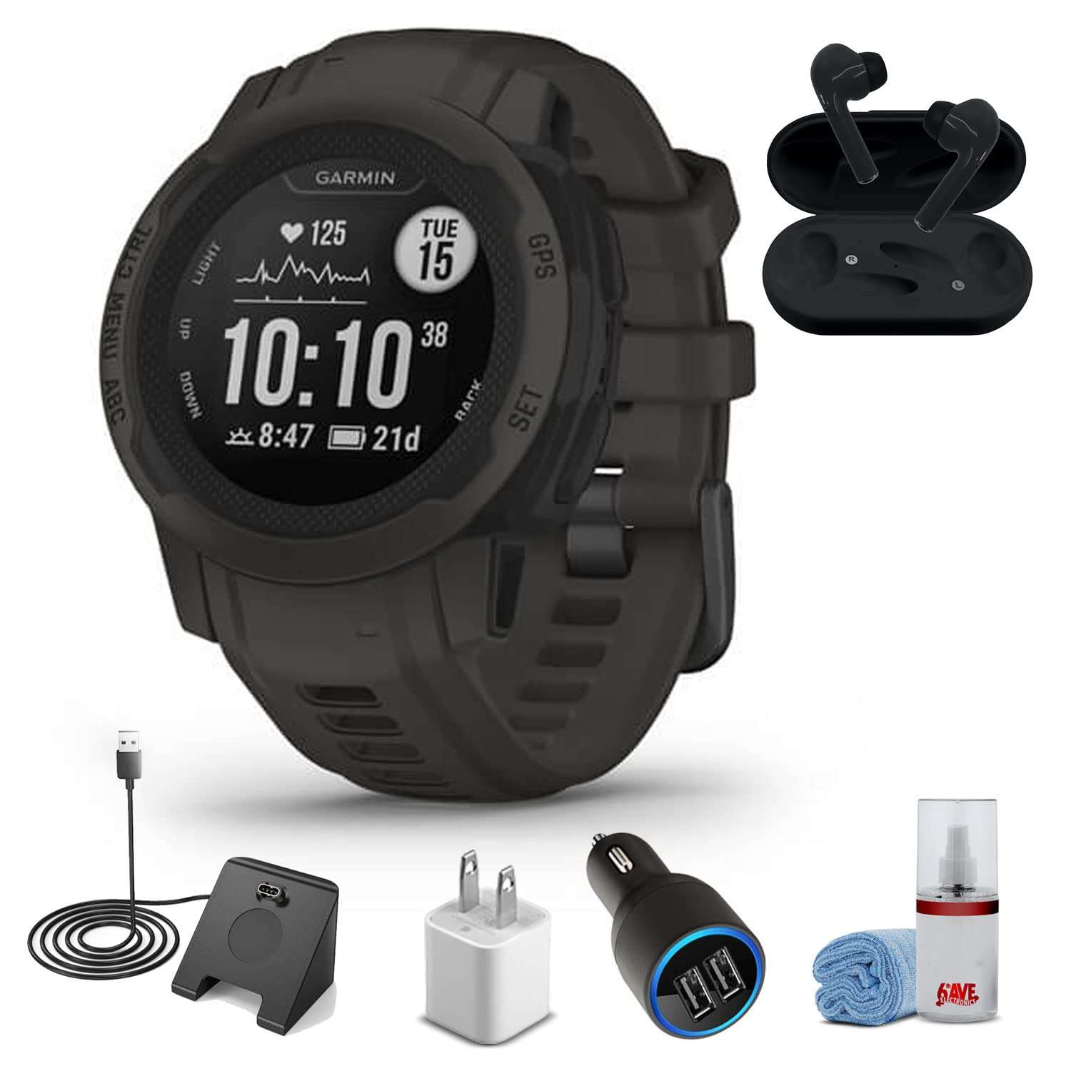 Garmin Instinct 2S - Standard Edition Smart Watch-Graphite + Wireless Headphones + Watch Charging Stand + USB Car/Wall Adapter + 6Ave Cleaning Kit (010-02563-10) 1