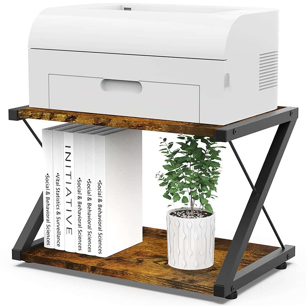 VEDECASA Rustic Wooden Desktop Printer Stand 2 Tier Printer Shelf Farmhouse Industrial Vintage Wood Table Side Storage Organizer for Home Office X Shaped Under Desk Printer Stand 1