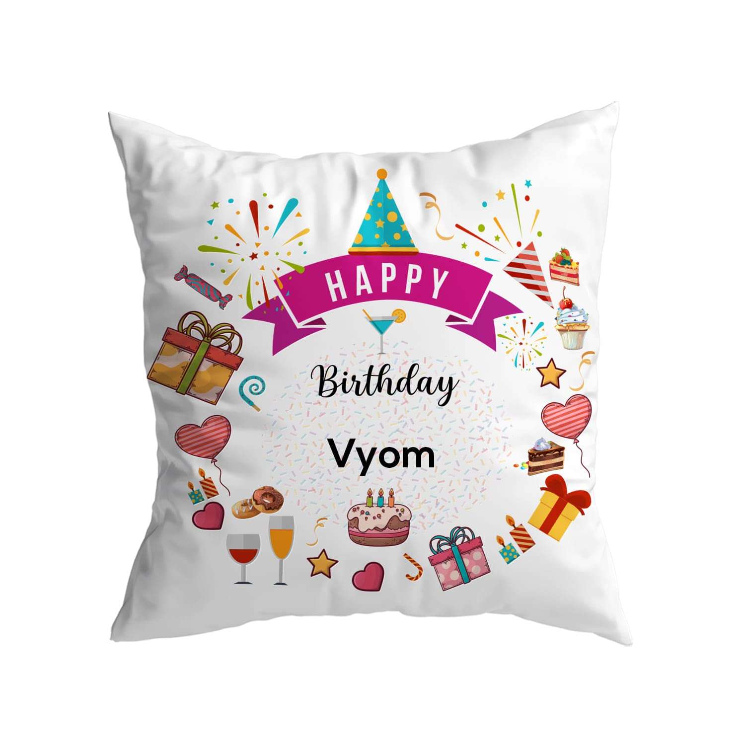 ASHVAH Vyom Name Happy Birthday Cushion/Pillow Cover with Filler - Best Birthday Gift for Son, Brother, Husband Return Gifts for Kids - Size - 12 x 12 inches 1