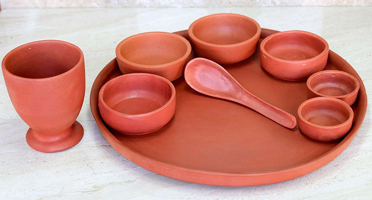 THE HIMALAYA CRAFT Clay Dinner Set with Serving, Spoon, Bowls and Glass Diner Set Pack of 9 3