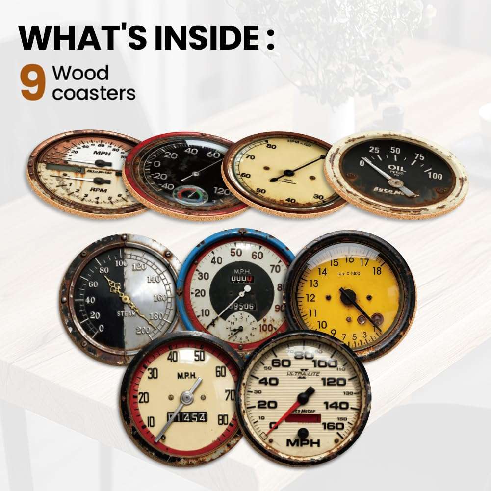 ANATTASOUL Coasters Set of 9 Retro Dashboard Pattern Colorful Wooden Coasters Bulk Round Housewarming Gift for New Home, 3.9" Decorative Coffee Table Protection for Farmhouse Bar House Decor 5